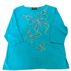 Bob Mackie Wearable Art Sz L Blue Butterfly Sequin 3/4 Sleeve Cotton Tunic Top